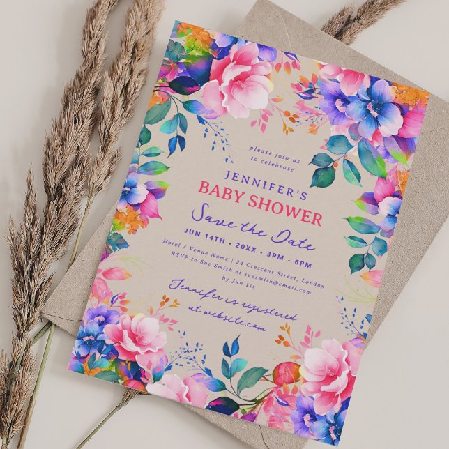 Convite Champanhe de Data de Salvamento do Chá de fraldas  (Chic Garden Floral Baby Shower Save Date Champagne Invitation)