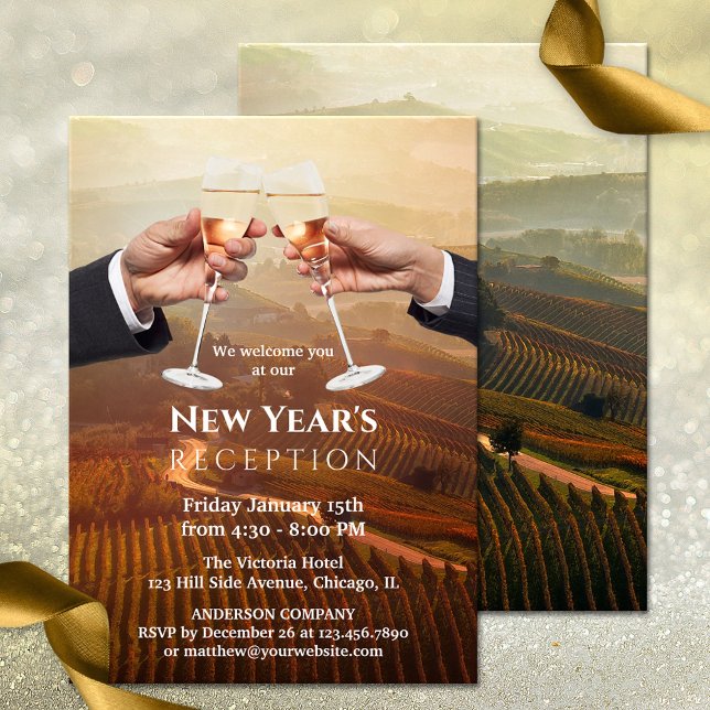 Convite Champanhe de Empresa Recepção de Casa Aberta de An (An elegant New Year Reception or Open House invitation for a company or business, featuring a toast )