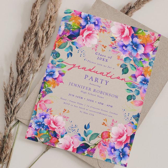 Convite Champanhe de Festa de formatura Floral do Jardim V (Vibrant Garden Floral Graduation Party Champagne Invitation)