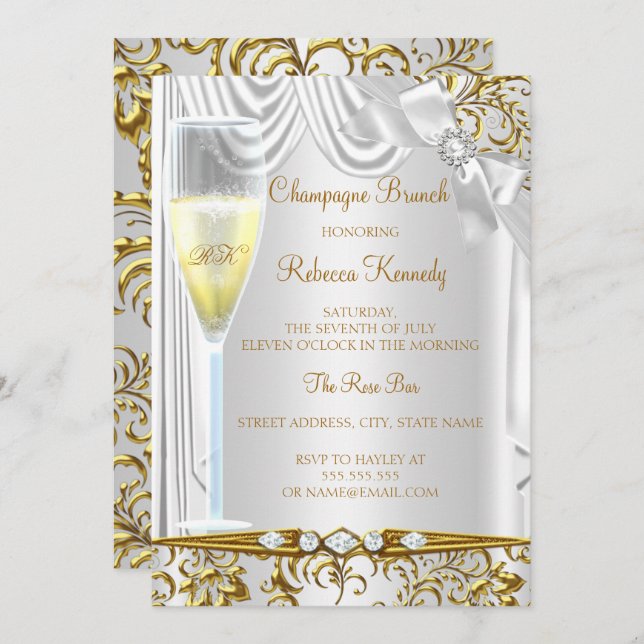 Convite Champanhe de Seda Branca de Prata Dourada Elegante (Frente/Verso)