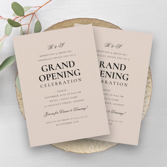 Convite Champanhe do Monograma Formal de Abertura da Empre (Formal Corporate Grand Opening Monogram Champagne Invitation)