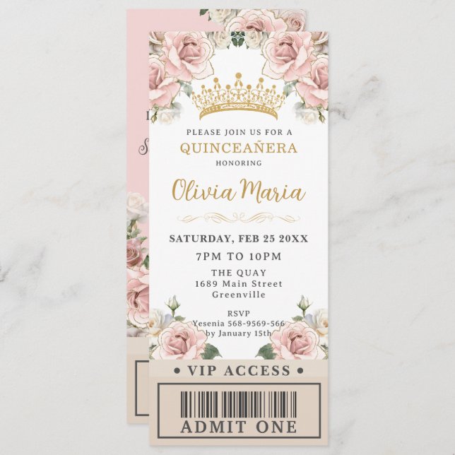 Convite Champanhe Dourado Blush Floral Quinceañera Tíquete (Frente/Verso)