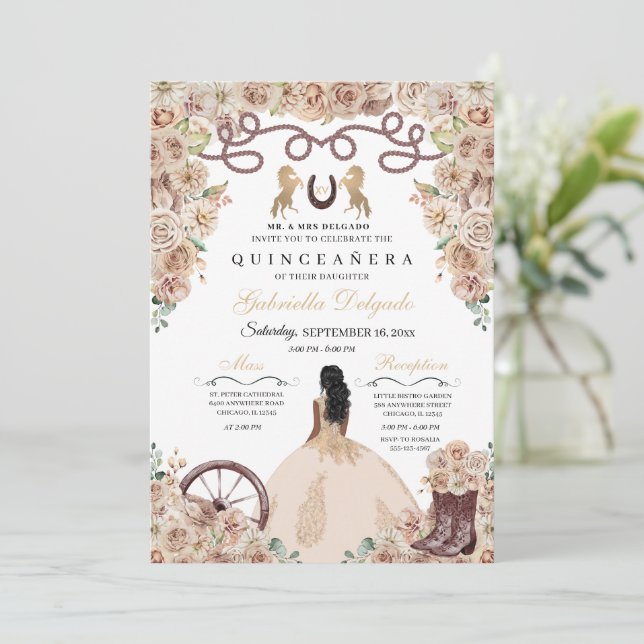 Convite Champanhe Dourado Charro Princess Quinceanera (Em pé/Frente)