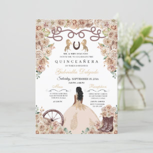 Convite Champanhe Dourado Charro Princess Quinceanera