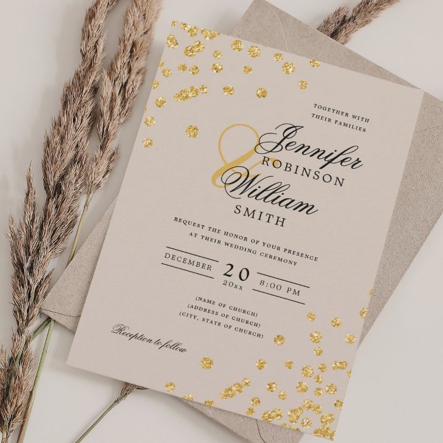 Convite Champanhe Dourado Confetti de Casamento de Script  (Elegant Script Wedding Gold Confetti Champagne Invitation)