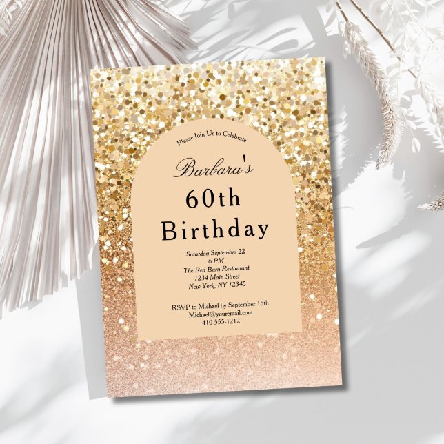 Convite Champanhe Dourado, cor-de-rosa, 60º Aniversário (Champagne Gold Blush pink Glitter 60th ( or any year ) Birthday invitation. Printed or digital )