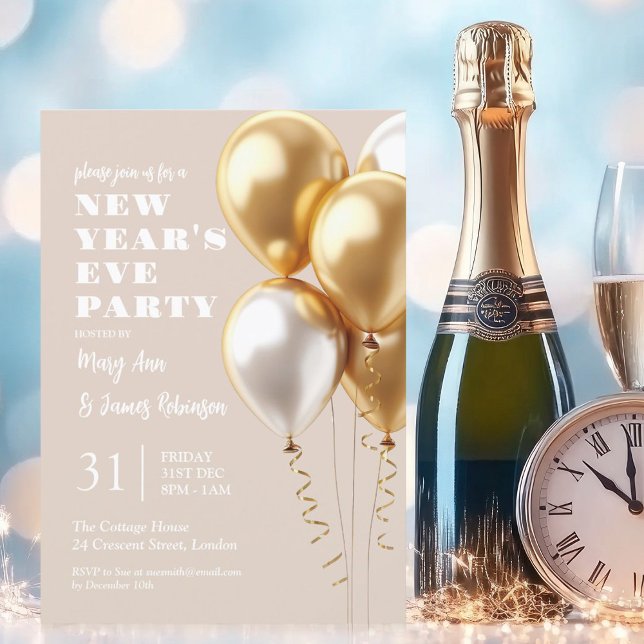 Convite Champanhe Dourado do Partido da Véspera de ano nov (MODERN New Years Eve Party Gold Balloons Champagne Invitation)