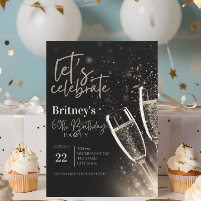 Convite Champanhe Dourado preto 60ª Festa de aniversário (Criador carregado)