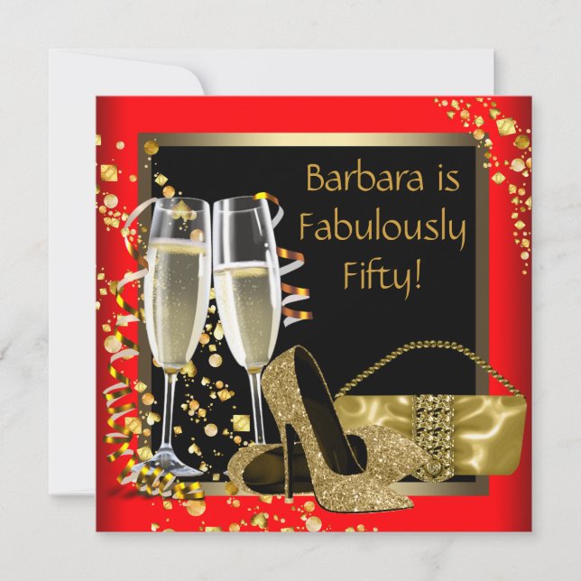 Convite Champanhe Dourado Vermelho Preto 50ª Festa de aniv (Frente)