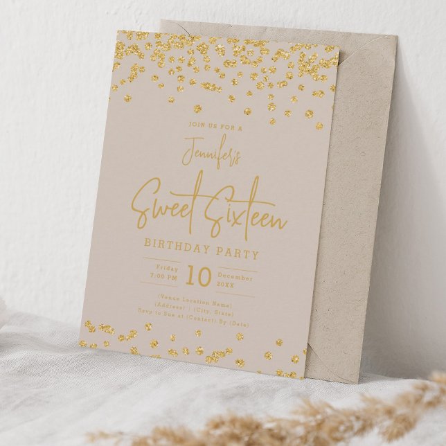 Convite Champanhe Elegante Dourado Confetti Sweet 16 (Elegant Gold Glitter Confetti Sweet 16 Champagne Invitation)