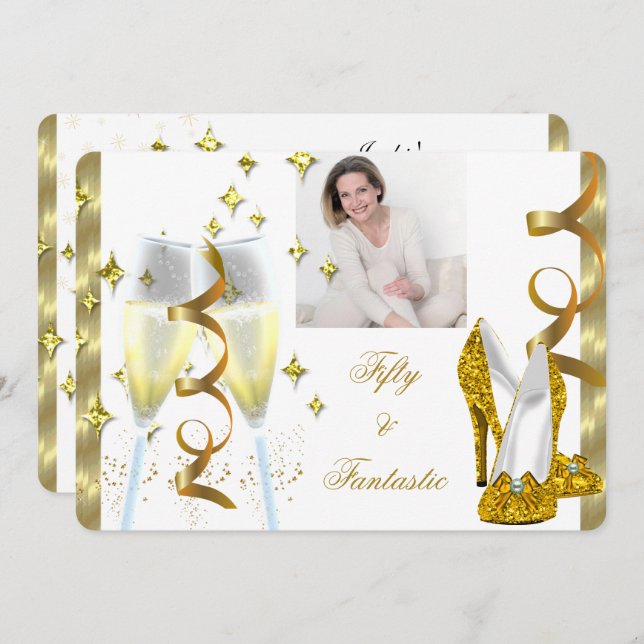 Convite Champanhe Elegante Fantástico 50 Heels Foto Dourad (Frente/Verso)