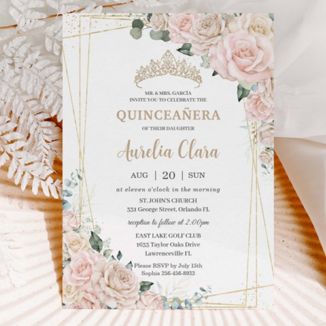 Convite Champanhe Elegante Ivory Blush Floral Quinceañera (Criador carregado)