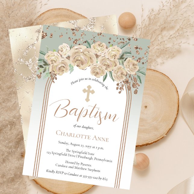 Convite Champanhe Elegante | Sage Floral Baptism (Elegant Champagne Roses and Sage Floral Baptism Invitation)