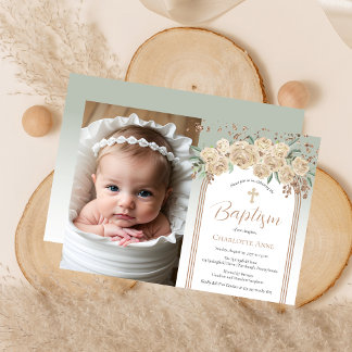 Convite Champanhe Elegante | Sage Floral Photo Baptism