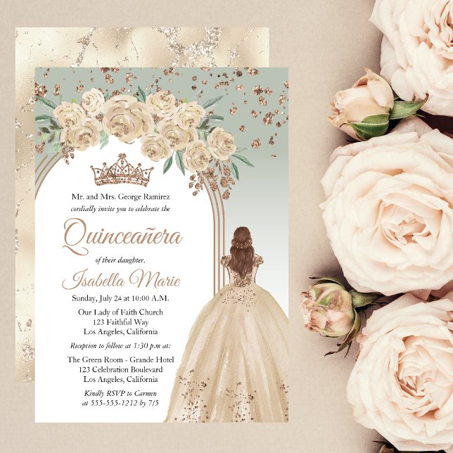 Convite Champanhe Elegante | Sage Floral Quinceañera (Elegant Champagne Color and Sage Green with Faux Rose Gold Glitter Auburn Quinceañera Invitation)
