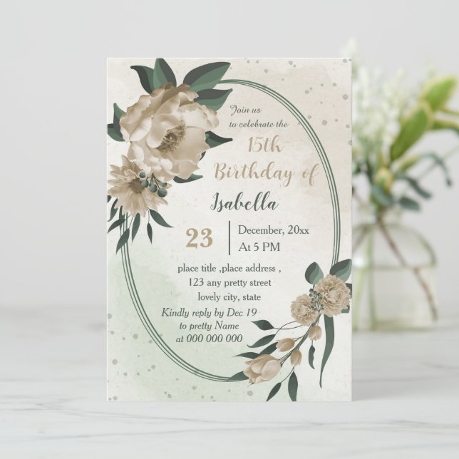 Convite champanhe floresce aniversário verde (Em pé/Frente)