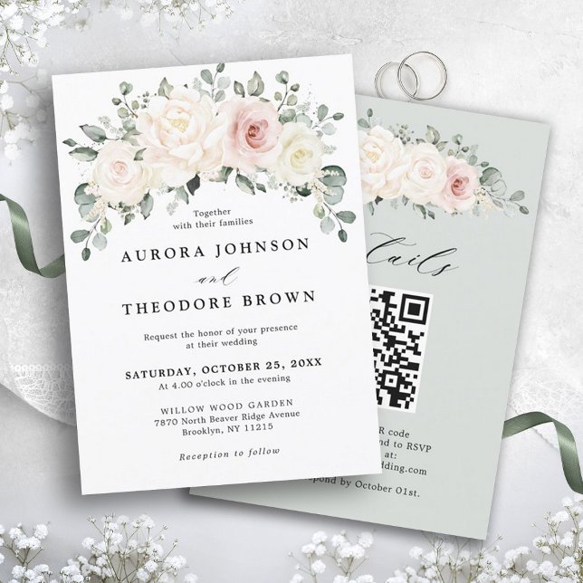 Convite Champanhe Ivory Blush Floral Greenery QR Casamento (Ivory White blush pink floral greenery botanical wedding invitation with QR code RSVP on back)