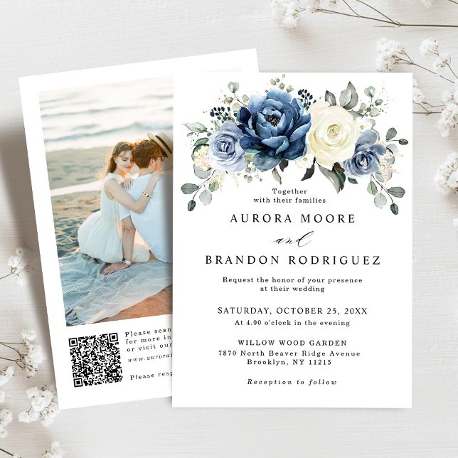 Convite Champanhe Marinho Azul de Dusty Casamento com Códi (Dusty blue champagne ivory floral QR code Photo wedding invitation)