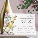 Convite Champanhe Moderno | aniversário de 30 anos de mulh<br><div class="desc">Convites bonito de aniversário de 30 anos com a ilustração aquosa de uma garrafa de champanhe rodeada de flores roxas. Grande texto "trinta" é escrito em script, para um convite divertido mas elegante com uma cor verde pálida coordenada no reverso. (As cores de fundo podem ser alteradas, se desejado, usando...</div>