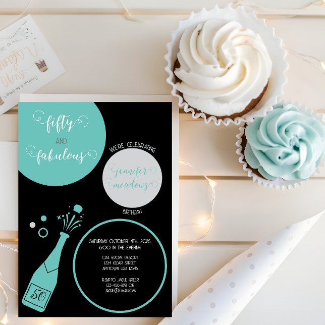 Convite Champanhe Negro Teal 50 e aniversário fabuloso (Criador carregado)