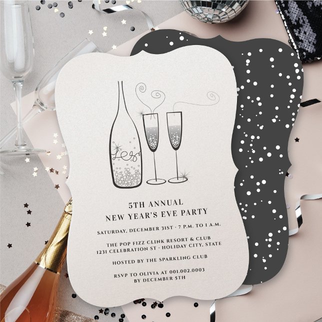 Convite Champanhe Prateado Anima Ano Novo Festa (Silver Champagne Cheers Annual New Year Eve Party Invitation @ fat_fa_tin)