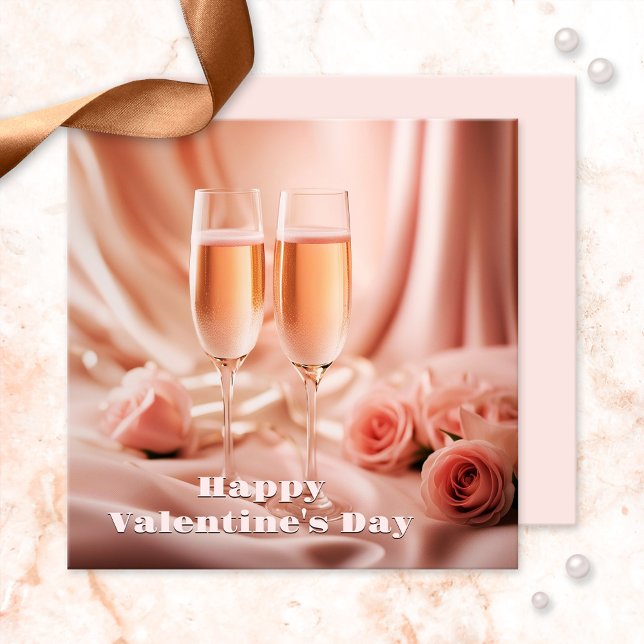 Convite Champanhe Romântico e Feliz dia de os namorados de (Romantic Valentine's Day invitation featuring a pink scene with champagne and roses)