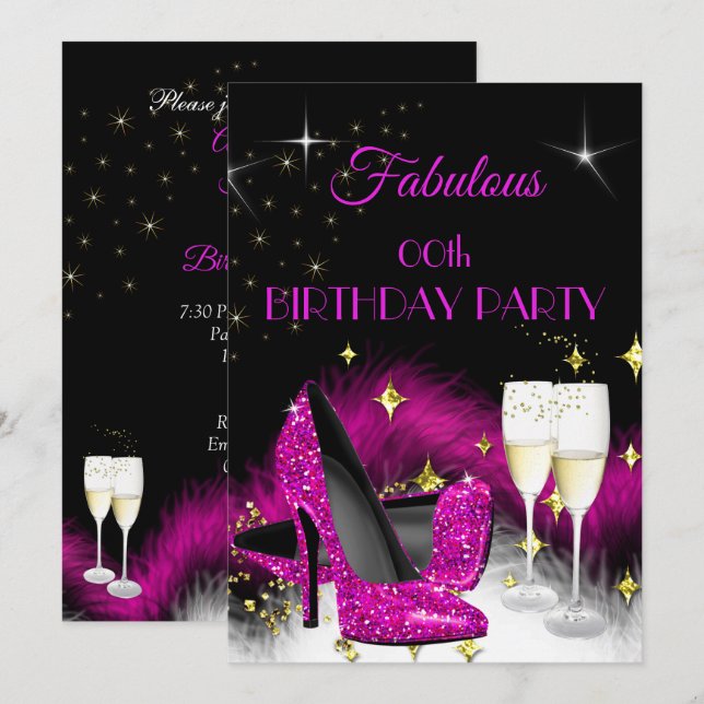 Convite Champanhe Rosa Quente com Brilho Fabuloso (Frente/Verso)