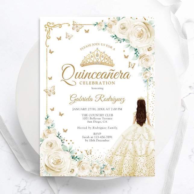 Convite Champanhe Rosas de marfim Dourado Quinceanera (Criador carregado)