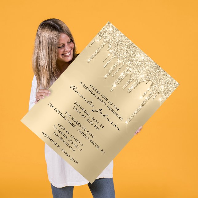 Convite Champanhe Sepia Efeito Luminoso Dourado Derrame An (Champagne Sepia Gold Glitter Effect Drip Birthday Invitation)