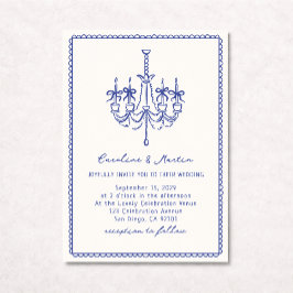 Convite Chandelier branco, casamento puxado pela mão azul