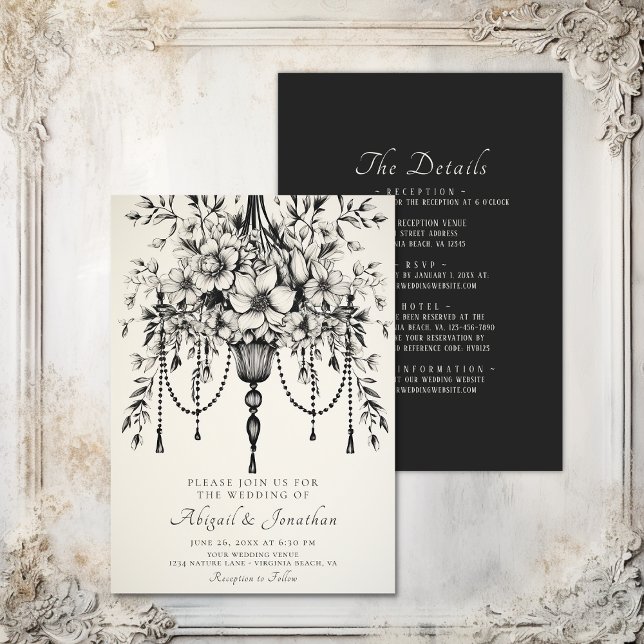 Convite Chandelier Floral Elegante Todos em Um Casamento (Elegant Floral Chandelier All in One Wedding Invitation)