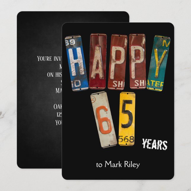 Convite Chapas de matrícula de 65° festa de aniversário (Frente/Verso)