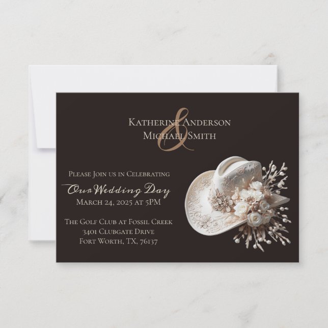 Convite Chapéu branco de vaqueira com casamento de flores (Frente)