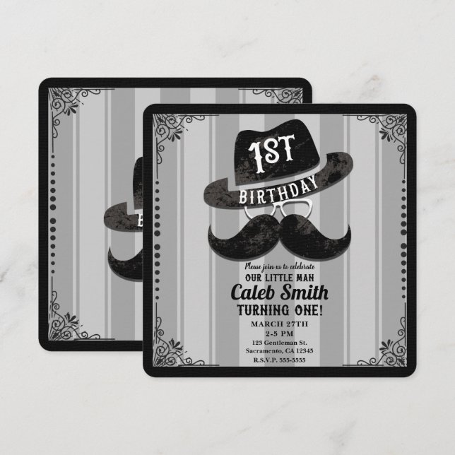 Convite Chapéu de Bigode de Hipster Aniversário de 1 ano (Frente/Verso)