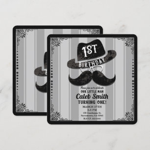 Convite Chapéu de Bigode de Hipster Aniversário de 1 ano