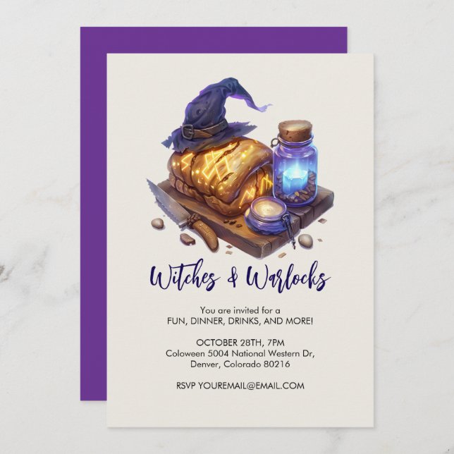 Convite Chapéu de bruxa com pão brilhante, Halloween (Frente/Verso)