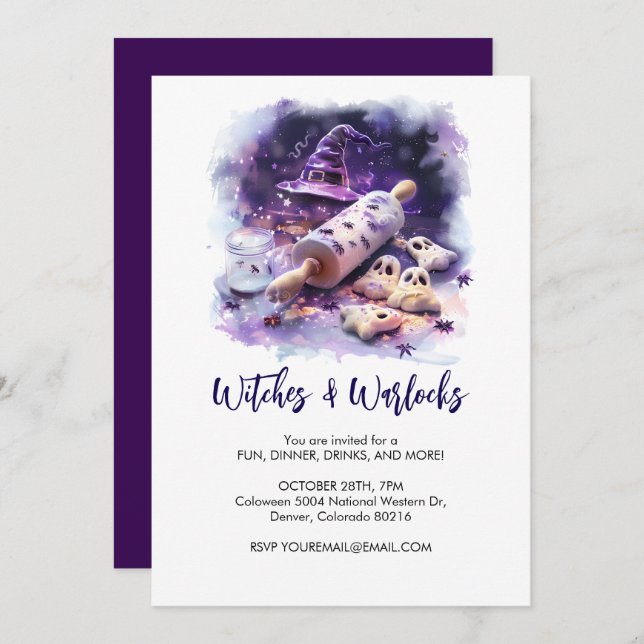 Convite Chapéu de Bruxa de Aquarela com pino rolante, Hall (Frente/Verso)