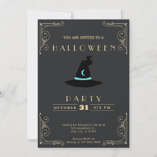 Convite Chapéu de Bruxas Preto e Dourado Chalkboard Lua Ha