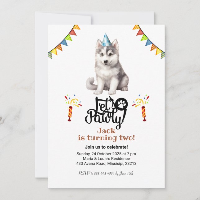 Convite Chapéu de Cachorro Husky Siberiano Vamos Festejar  (Frente)