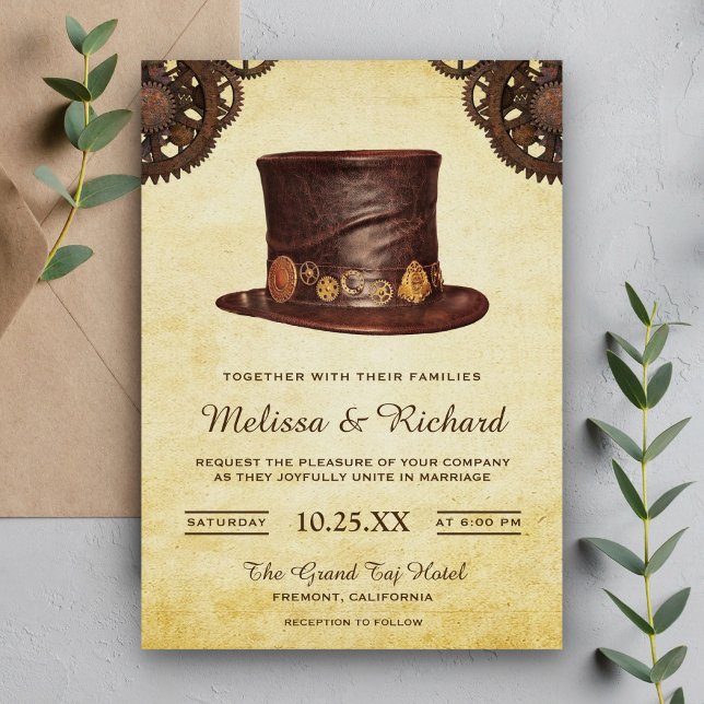 Convite Chapéu de Couro Rústico Vintage Casamento Steampun (Criador carregado)