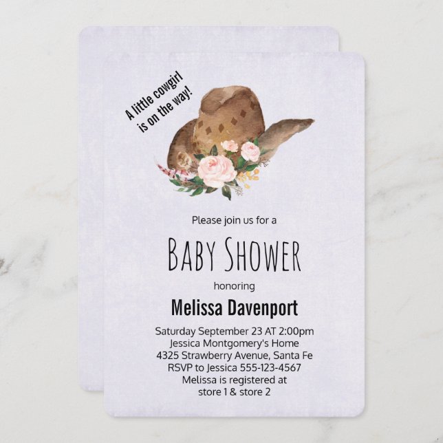 Convite Chapéu de Cowgirl Brown com Chá de fraldas de Flor (Frente/Verso)