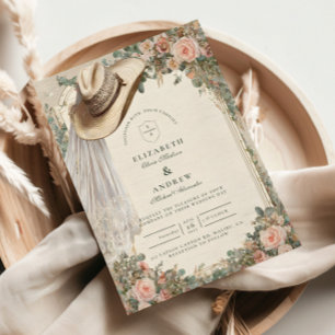 Convite Chapéu de Cowgirl Rústico para Casamento com Renda