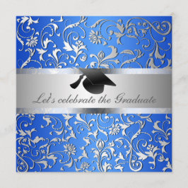 Convite Chapéu de Graduação Preto Padrão Floral Azul Silve