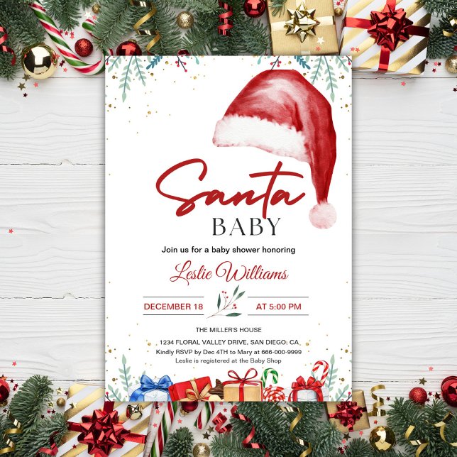 Convite Chapeu de Natal de Papai Noel Chuveiro de Bebê de  (Santa Hat Christmas Baby Shower Invitation)