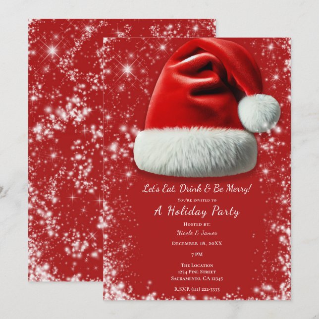Convite Chapéu de Natal Vermelho com Brilho Festa de Natal (Frente/Verso)