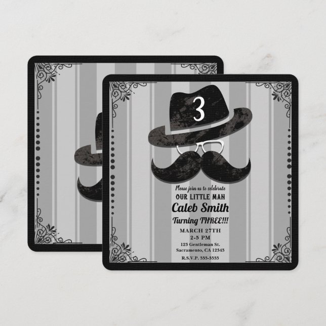 Convite Chapéu de Óculos de Bigode de Hipster para Qualque (Frente/Verso)