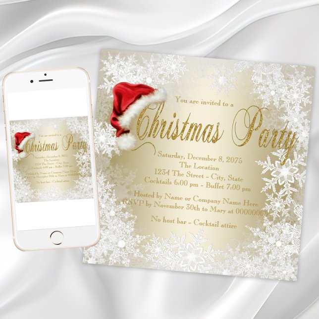 Convite Chapéu de Papai Noel Floco de Neve Festa de Natal (Gold snowflake Santa hat Christmas party invitation. Available for instant download and printed.)