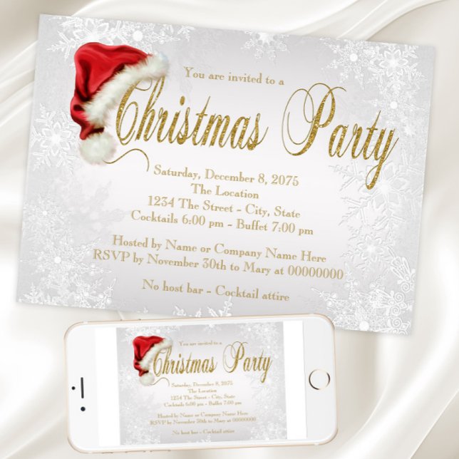 Convite Chapéu de Papai Noel Floco de Neve Prata Festa de  (Santa hat snowflake Christmas party invitation. Instant download and printed invitations available.)