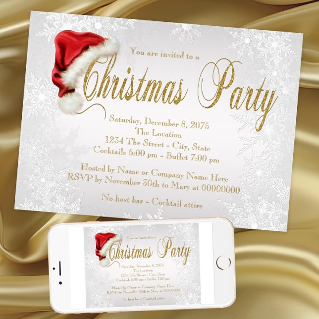 Convite Chapéu de Papai Noel Floco de Neve Prata Festa de  (Santa hat snowflake Christmas party invitation. Instant download and printed invitations available.)