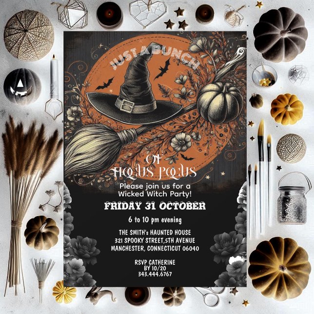 Convite Chapéu de Vassoura Hocus Pocus Vintage Festa da Br (Hocus Pocus Broom Hat Vintage Wicked Witch Party Invitation)